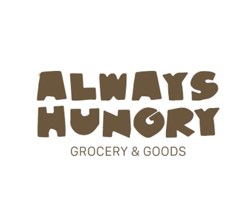 Logo of 'Always Hungry Grocery & Goods' with brown text on a white - carries TerraPawz 
