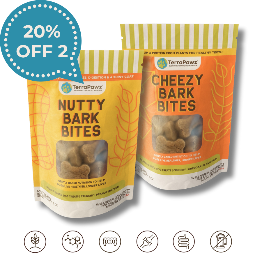 Two packages of TerraPawz dog treats with a 20% off label on a white background.