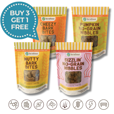 Four packages of TerraPawz dog treats with promotional text on a white background
