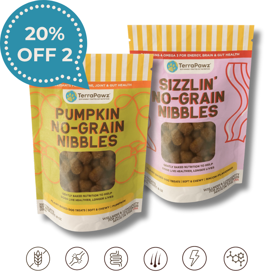 Two packages of TerraPawz dog treats with promotional text on a white background